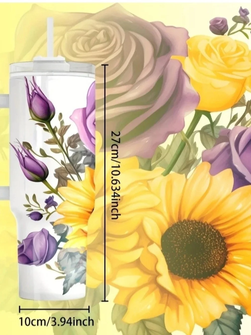 Purple Roses & Sunflowers 40 Oz Stainless Steel Insulated Tumbler On White Base